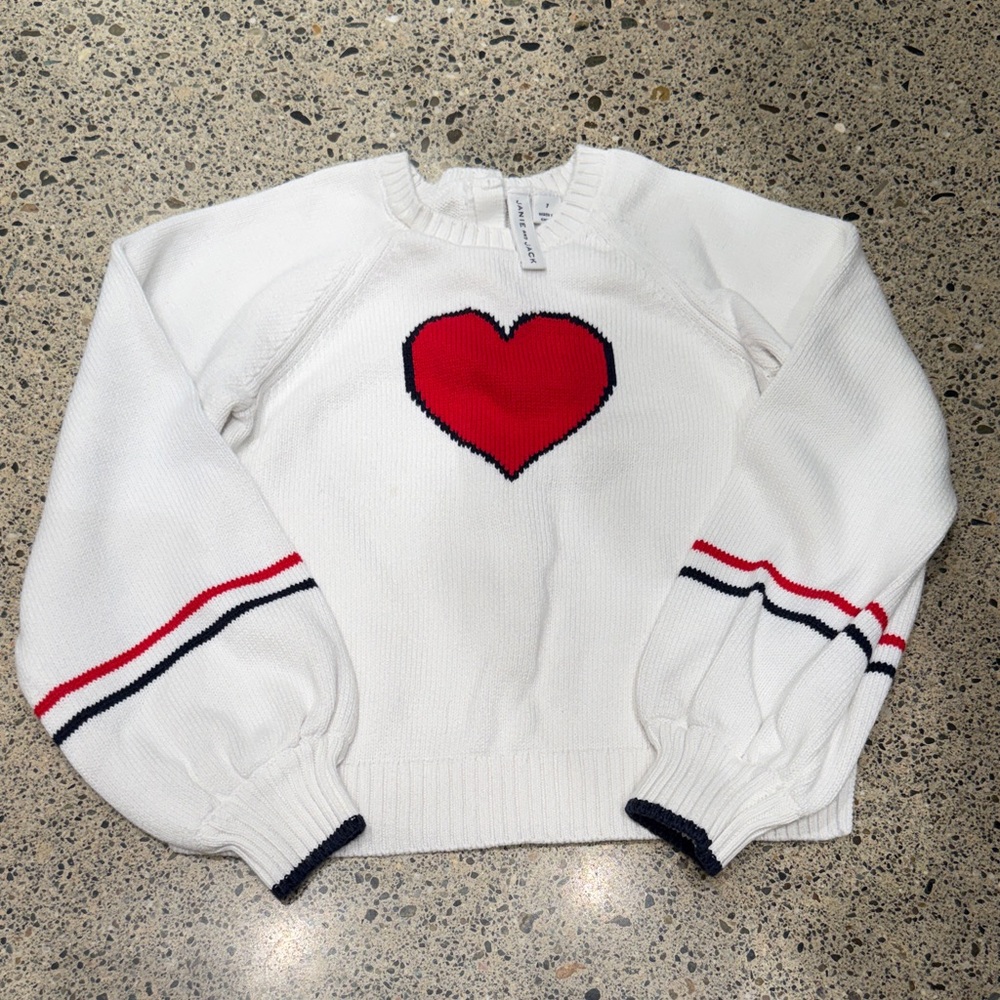 Janie and Jack White Sweater with Red Heart and Navy-Trim Stripes